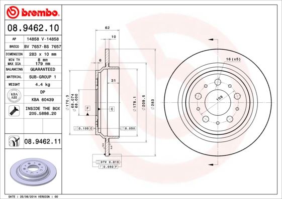 BREMBO 08946211 — ARKA FREN DİSK AYNA VOLVO S70 96-00 V70 96-00 XC70 99-04