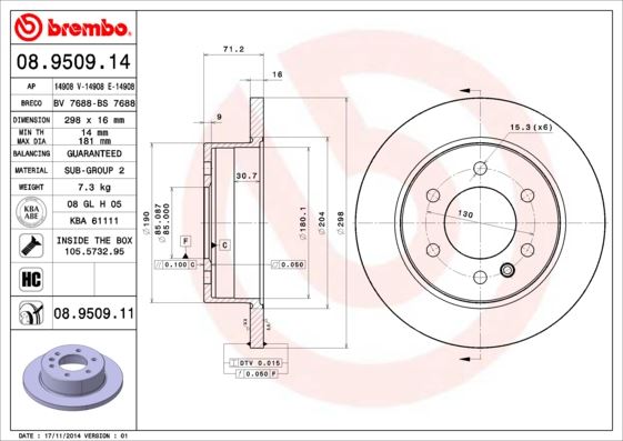 BREMBO 08950911 — ARKA FREN DİSKİ-298X16 6×130 (VW CRAFTER 06-16 MERCEDES SPRINTER 06-16)