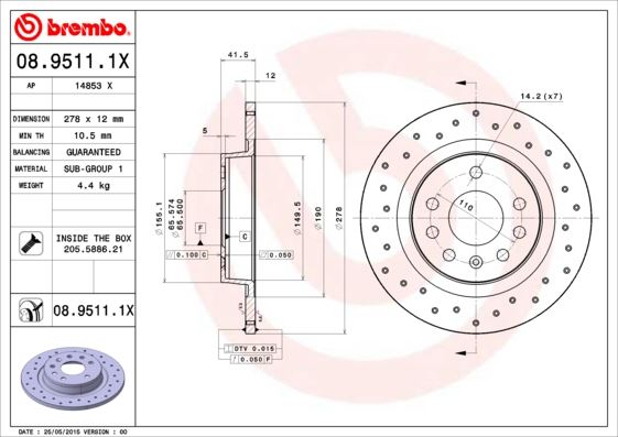 BREMBO 0895111X — ARKA FREN AYNASI VECTRA C 02> SIGNUM 03> SAAB 9.3 02> CROMA 05> 278x12x5DL DOLU