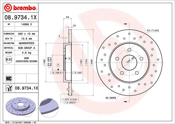 BREMBO 0897341X — ARKA FREN AYNASI MONDEO III 1.8-2.0-2.2 11.00/08.07 JAGUAR XTYPE 06.01> 280X12X5DL