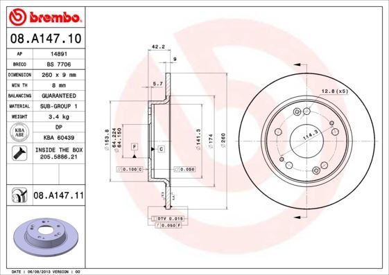 BREMBO 08A14711 — FREN DİSKİ ARKA DÜZ 260-5 - HONDA CIVIC 2007>2011 HB-SEDAN/CIVIC 2012>2013 SEDAN UV Coated