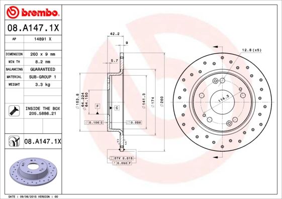 BREMBO 08A1471X — ARKA FREN DİSKİ HONDA CIVIC SEDAN H.B VII 07-11 / CIVIC SEDAN 12- 260×5