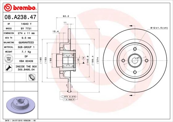 BREMBO 08A23847 — ARKA FREN AYNASI RENAULT MEGANE I 99-03 SCENIC 99-01 1.4-1.6 16V 1.9 DCİ 20 16V 274x10.9x4DL