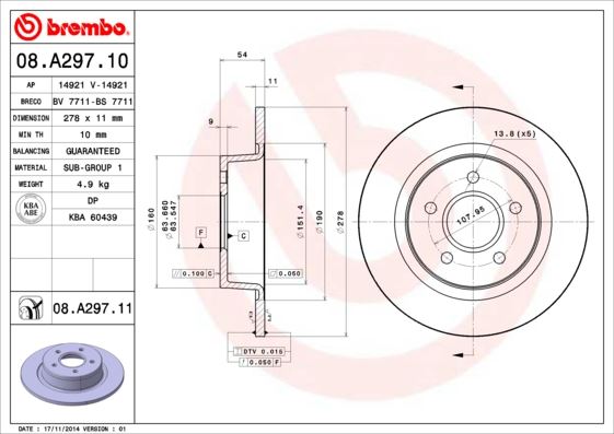 BREMBO 08A29711 — ARKA FREN DİSK AYNASI CONNECT 1.8TDCI 02-13 ABS LI