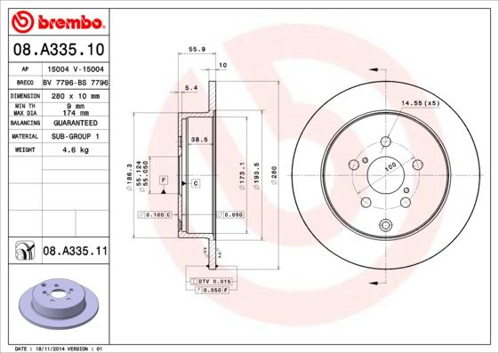 BREMBO 08A33511 — ARKA FREN DİSKİ DOLU TİP - KAPLAMALI TOYOTA AVENSIS 1.6L 3ZZ-FE ZZT250 03-08 / 2.0L 1AZ-FE 1AZFSE AZT250