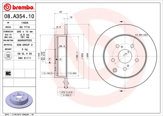 BREMBO 08A35410 — ARKA FREN DİSKİ DOLU TİP TOYOTA AVENSIS 2.0L 1AZ-FE 1AZFSE 1CD-FTV AZT250 CDT250 03-08 / COROLLA V ERSO