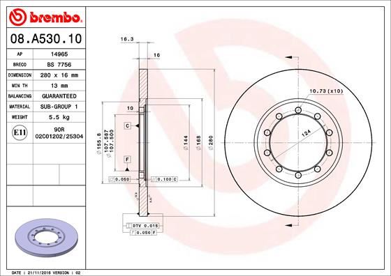BREMBO 08A53010 — FREN DİSKİ ARKA (280MM) A.ÇEKER ( FORD TRANSİT V347 2.4 TDCİ 06- )