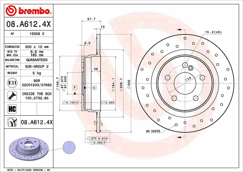 BREMBO 08A6124X — FREN DİSKİ MERCEDES W204-W205 ARKA DELİKLİ