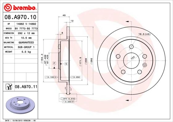 BREMBO 08A97011 — ARKA FREN AYNASI INSIGNIA A 08> SAAB 9-5 YS3G 10> 16 JANT 292x12x5DL DOLU