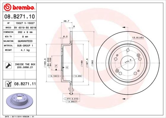 BREMBO 08B27111 — ARKA FREN DİSKİ DOLU TİP HONDA ACCORD 2.0L R20A3 CU1 kasa 08-15 282 çap x 5 bijon - Adet disk fiyatıdır