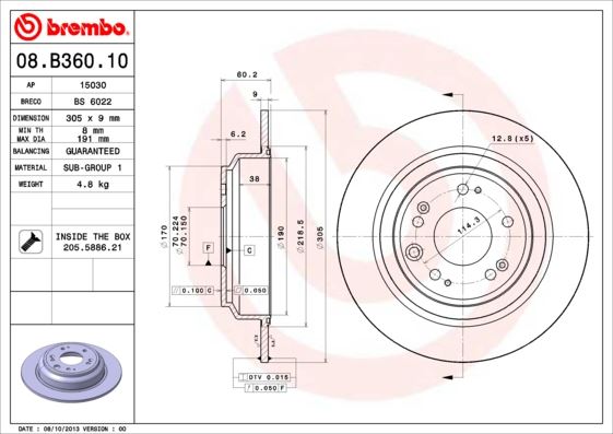 BREMBO 08B36010 — FREN DİSKİ ARKA DÜZ-(305-5)-(HONDA ACCORD 08/15 )
