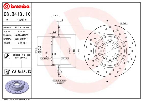 BREMBO 08B4131X — ARKA FREN AYNASI JETTA III-GOLF VI-CADDY 10> SCIROCCO 08> A1 01> A3 04> ALTEA 06> OCTAVIA 04> 272x9.7x9DL