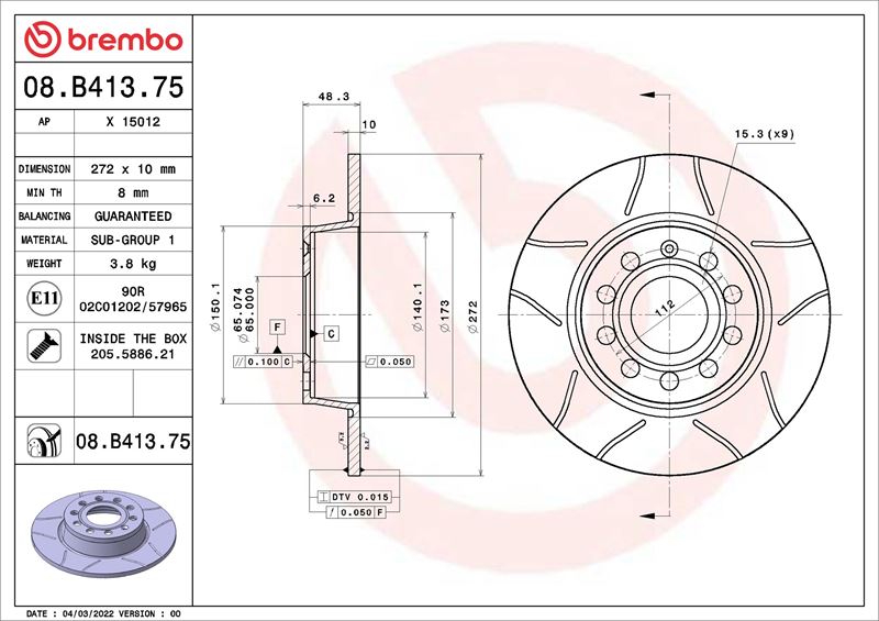 BREMBO 08B41375 — ARKA FREN AYNASI JETTA III-GOLF VI-CADDY 10> SCIROCCO 08> A1 01> A3 04> ALTEA 06> OCTAVIA 04> 272x9.7x9DL