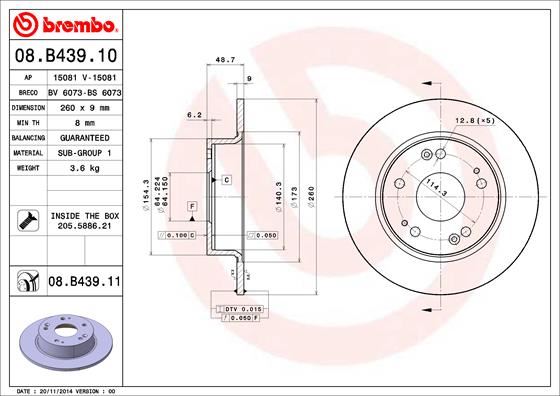 BREMBO 08B43911 — ARKA FREN DİSKİ DOLU TİP HONDA ACCORD 2.0L K20A VTEC 2.2L N22A CTDİ 2.4L K24A CL7 CL9 CN1 kasa 0 3-08 260