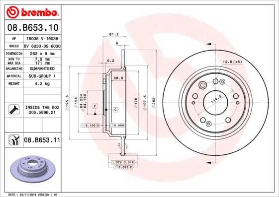 BREMBO 08B65311 — FREN DİSK ARKA DÜZ 282-5 UV KAPLAMALI ( HONDA ACCORD 03 - 08 / HONDA S2000 00 - )
