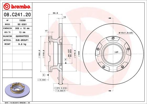 BREMBO 08C24120 — ARKA FREN DİSK AYNASI TRANSIT CUSTOM V362 12> ABS LI O.ÇEKER CAP 308 16 ORD TRANSIT CUSTOM V362 Van FY. FZ
