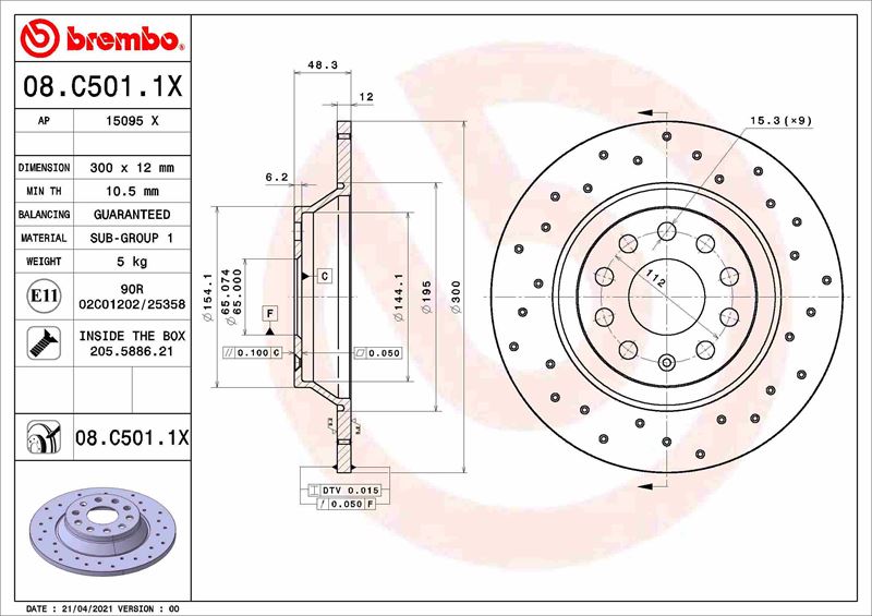 BREMBO 08C5011X — FREN DİSKİ ARKA VW GOLF 7 13-20 ARTEON 17-20 PASSAT B8 15-20 TIGUAN 16-24 SKODA KODIAQ 16> SUPERB III