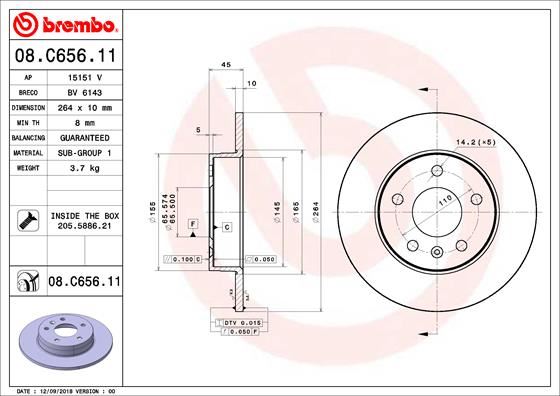 BREMBO 08C65611 — ARKA FREN AYNASI ZAFIRA B 05-15 264x10x5DL DOLU
