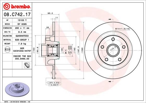 BREMBO 08C74217 — FREN DİSKİ ARKA WITH BEARING KIT RENAULT