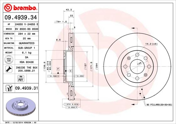 BREMBO 09493931 — ÖN FREN AYNASI CORSA D 07> CORSA E 14> ADAM 13> PUNTO EVO-GRANDE PUNTO 05> 284x22x6DLxHAVALI 15 İNÇ
