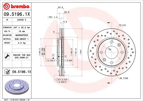 BREMBO 0951961X — ÖN FREN AYNASI P106 I-II 91-02 206 98 >306 93-01 SAXO 96-03 XSARA 97-00 247.5x20.4x4DLxHAVALI