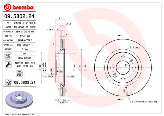 BREMBO 09580224 — ÖN FREN DİSKİ RENAULT R19-CLIO I 91-96 CLIO II 98> KANGOO 01> MEGANE I 96> MEGANE II 04-10 TWINGO 96>