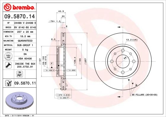 BREMBO 09587011 — ÖN FREN DİSKİ FIAT DOBLO 01> ALBEA YM PUNTO 01> BRAVA-BRAVO 06> 1.3MTJ 257.4x20x 4 DELİK HAVALI