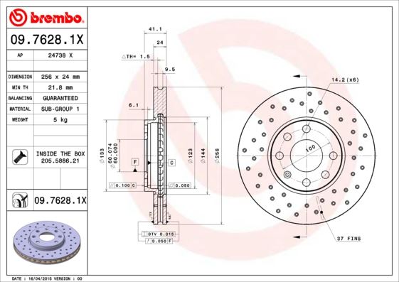BREMBO 0976281X — ÖN FREN AYNASI ASTRA G 98-09 ZAFIRA A 99-09 256x24x4DLxHAVALI