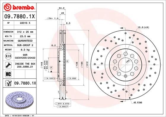 BREMBO 0978801X — ÖN FREN DİSKİ DELİKLİ-312X25 5×100 (VW GOLF 98-06 POLO 05-10 AUDI A3 97-03 SEAT LEON 00-06)