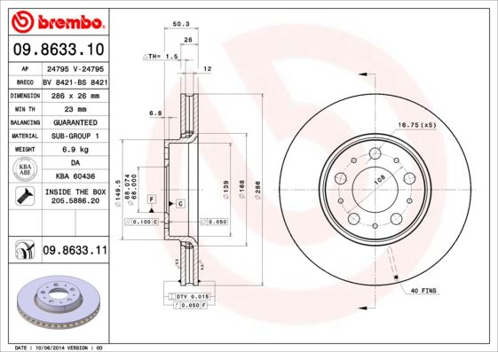 BREMBO 09863311 — ÖN FREN AYNASI VOLVO S60 00-10 S80 98-06 V70 97-07 XC70 00-07 285x5DL KÜÇÜK TİP