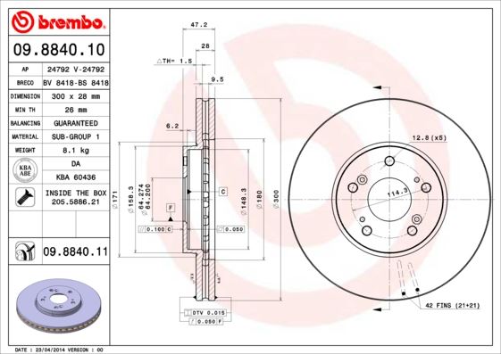 BREMBO 09884011 — ÖN FREN DİSKİ HAVA KANALLI HONDA ACCORD ACCORD 2.0L R20A3 CU1 08-15 - 300 ÇAP X 5 BİJON Adet disk