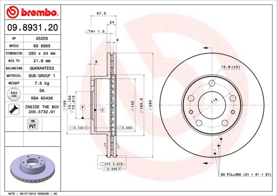 BREMBO 09893120 — FREN DİSKİ ÖN HAVALI 280 MM ( PEUGEOT BOXER / CITROEN JUMPER / FIAT DUCATO 2.5TD 14Q )
