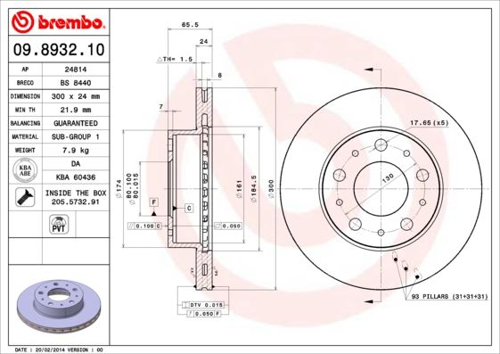 BREMBO 09893210 — ÖN FREN AYNASI FIAT DUCATO 94-14 PEUGEOT BOXER 94-14 CITROEN JUMPER 94-14 KARSAN JEST 98> 300x24x5DELİK