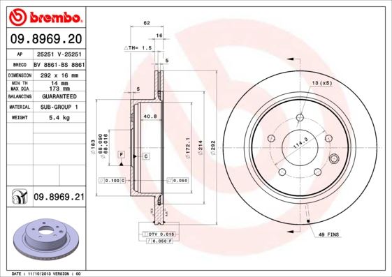 BREMBO 09896921 — ARKA FREN AYNASI X-TRAIL 01> X-TRAIL II 07-13 QASHQAI 07-13 JUKE F15 14-19 KOLEOS 08> KOLEOS II 16>