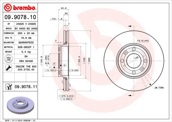 BREMBO 09907810 — ÖN FREN AYNASI RENAULT MEGANE II 02> CLIO III 05> MODUS 04> MICRA 03> LOGAN 04> NOTE 06> 260x22x4DLxHAV ALI