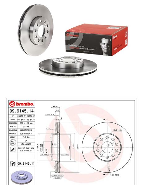 BREMBO 09914514 — FREN DİSKİ ÖN VW CADDY-PASSAT-GOLF 5/6/7- SKODA OCTAVIA FORD CONNECT 23> ÇAP: 288mm. KALINLIK: 25mm Delik:
