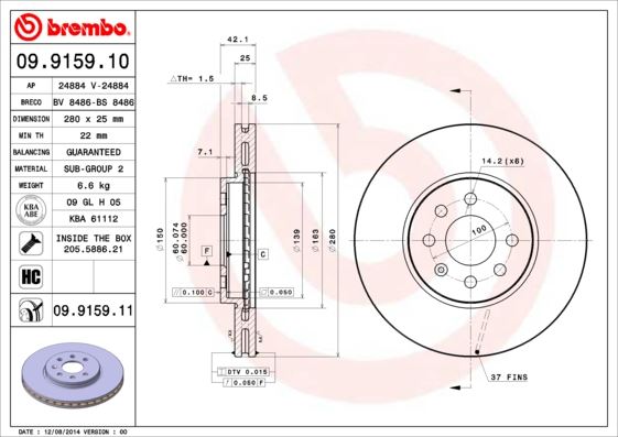 BREMBO 09915910 — ÖN FREN AYNASI ASTRA H 1.4-1.6 04> MERIVA 1.6 03> COMBO 1.3 CDTİ 4.05> 280x25x4DLxHAVALI