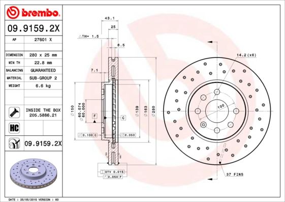 BREMBO 0991592X — ÖN FREN AYNASI ASTRA H 1.4-1.6 04> MERIVA 1.6 03> COMBO 1.3 CDTİ 4.05> 280x25x4DLxHAVALI