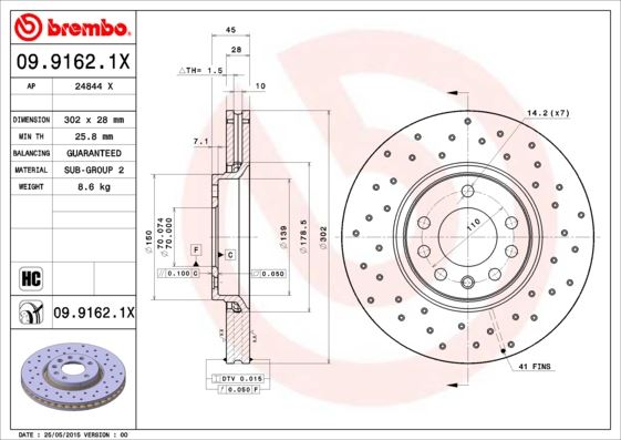 BREMBO 0991621X — ÖN FREN AYNASI VECTRA C-SIGNUM 03> SAAB 9.3 02> 1.8 2.0 16V 2.2. 3.0 302x28x7DLxHAVALI