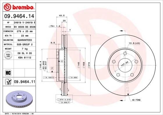 BREMBO 09946411 — ARKA FREN DİSK AYNASI YENİ CONNECT CHC 1.6 /1.5 TDCI 15> C-MAX 12> KUGA II 13-20 GRAND C -MAX 11> 63.5 mm