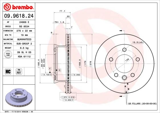 BREMBO 09961824 — FREN DİSKİ ÖN 276×22 5×130 (VW LT 97-07 MERCEDES SPRINTER 95-06)