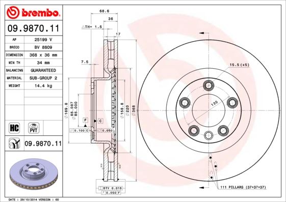 BREMBO 09987011 — ÖN FREN DİSKİ-368 36 5 130 VW TOUAREG 07-10 PORSCHE CAYENNE 06-10 0986479A33