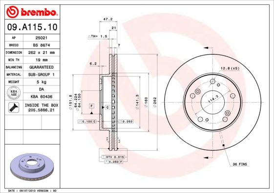 BREMBO 09A11510 — FREN DİSKİ ÖN HAVALI HONDA CIVIC HATCHBACK 1.4 / 1.6 2000-2006 CRZ1.5 HIBRID 11-/ 262×5