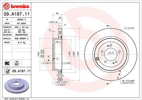 BREMBO 09A19711 — FREN DİSKİ ARKA MITSUBISHI LANCER EVO 2008-/ 330×5