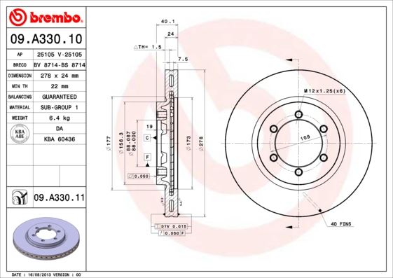 BREMBO 09A33011 — FREN DİSKİ ÖN HAVALI SSANGYONG MUSSO 96-05 KORANDO 96-05 DAEWOO MUSSO 96-05 278×6