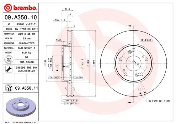 BREMBO 09A35011 — FREN DİSKİ ÖN HAVALI (280-5)-(HONDA ACCORD 2003/2008 2.4-2.2 CTDI )