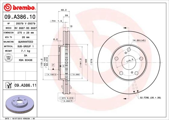 BREMBO 09A38611 — FREN DİSKİ ÖN (HAVALI) (KAPLAMALI) AVENSIS 01-11 CAMRY 90-01 (275 MM)