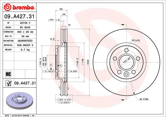 BREMBO 09A42731 — FREN DİSKİ ÖN VOLVO V60 I (155) 12-18 S60 II 10-18 S80 II 06-16 V70 III 07-15 XC70 II 08-16