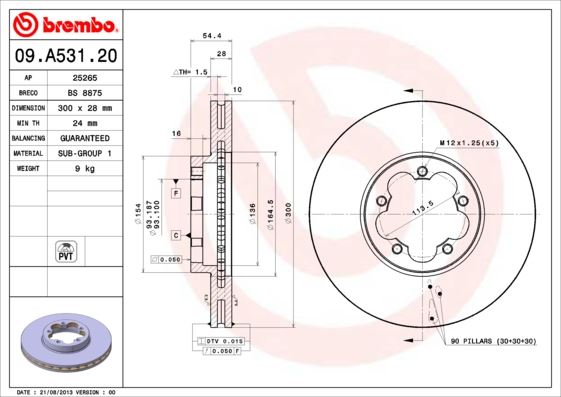 BREMBO 09A53120 — ÖN FREN DİSK AYNA TRANSIT V348 3.2 200PS 06 > A.ÇEKER OLCU 300 28