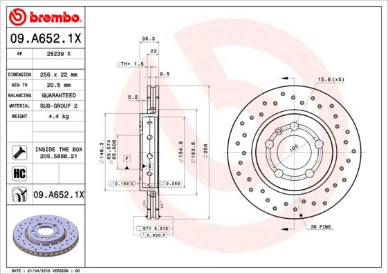 BREMBO 09A6521X — ARKA FREN AYNASI GOLF IV 1.8 T GTI 08/01/6.05 GOLF V 2.0 FSİ TDİ 8.04 > LEON OCTAVIA 256mm 986478482-DF4065